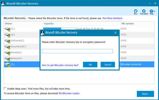 Enter the password or BitLocker recovery key to scan lost data from failed BitLocker encrypted drive
