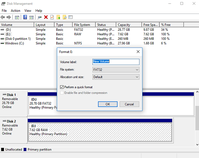 format RAW disk in disk management