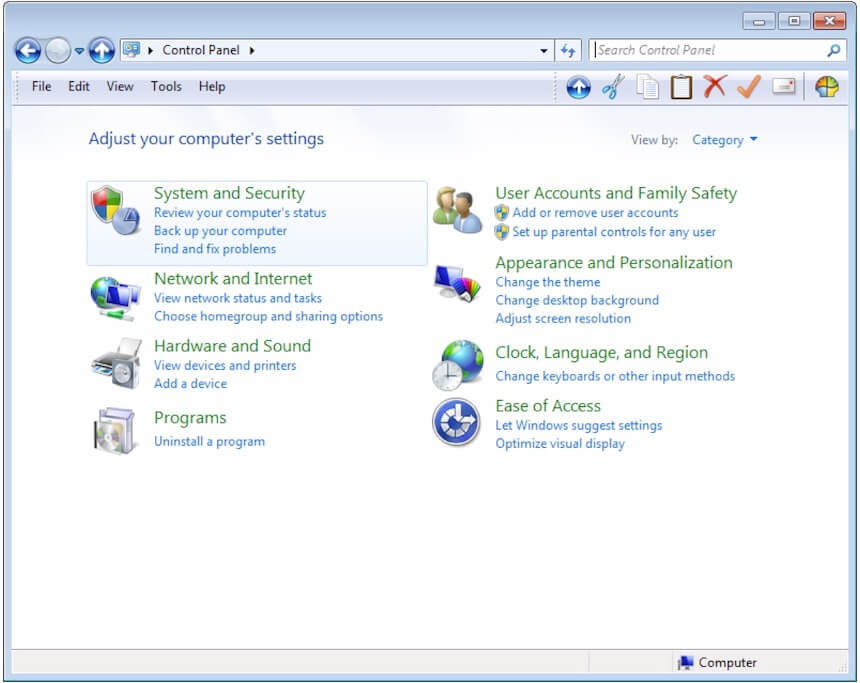 open System and Security in Control Panel