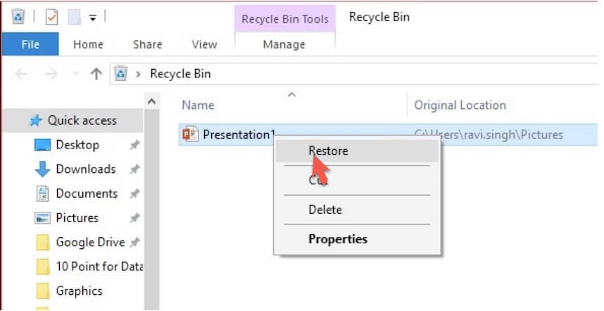 restore PDF files from Recycle Bin
