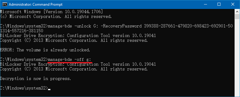 Turn off BitLocker Encryption using CMD