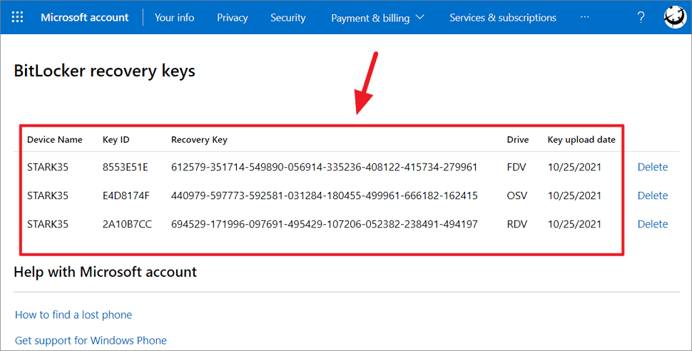 Find the correct BitLocker recovery key in Microsoft Account