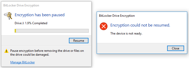 BitLocker encryption has been paused cannot resume