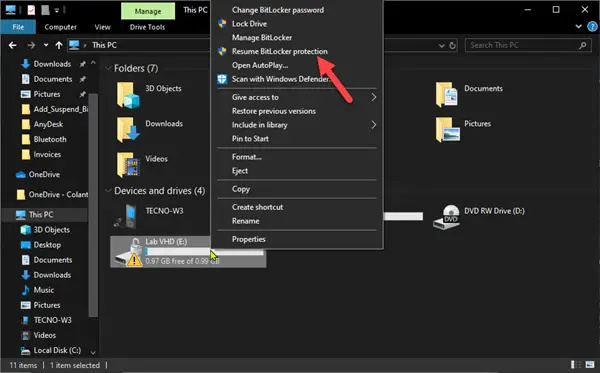 Resume BitLocker encryption in File Explorer