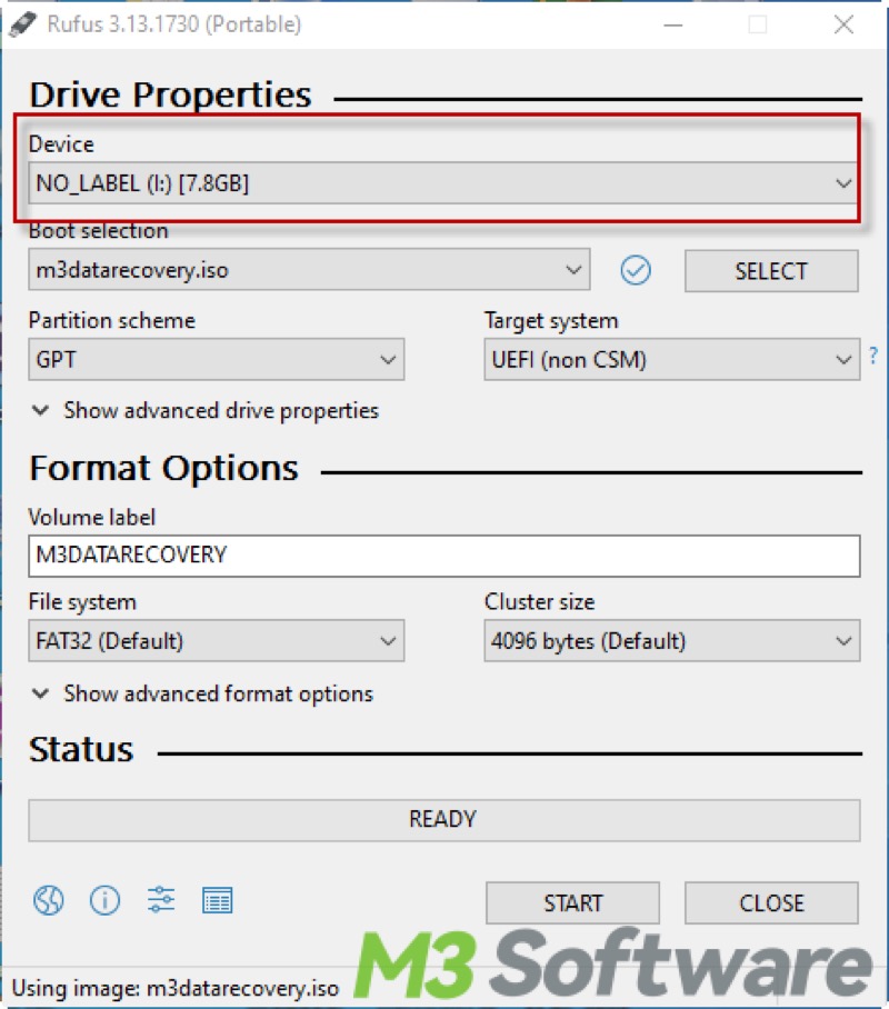select USB drive in Rufus