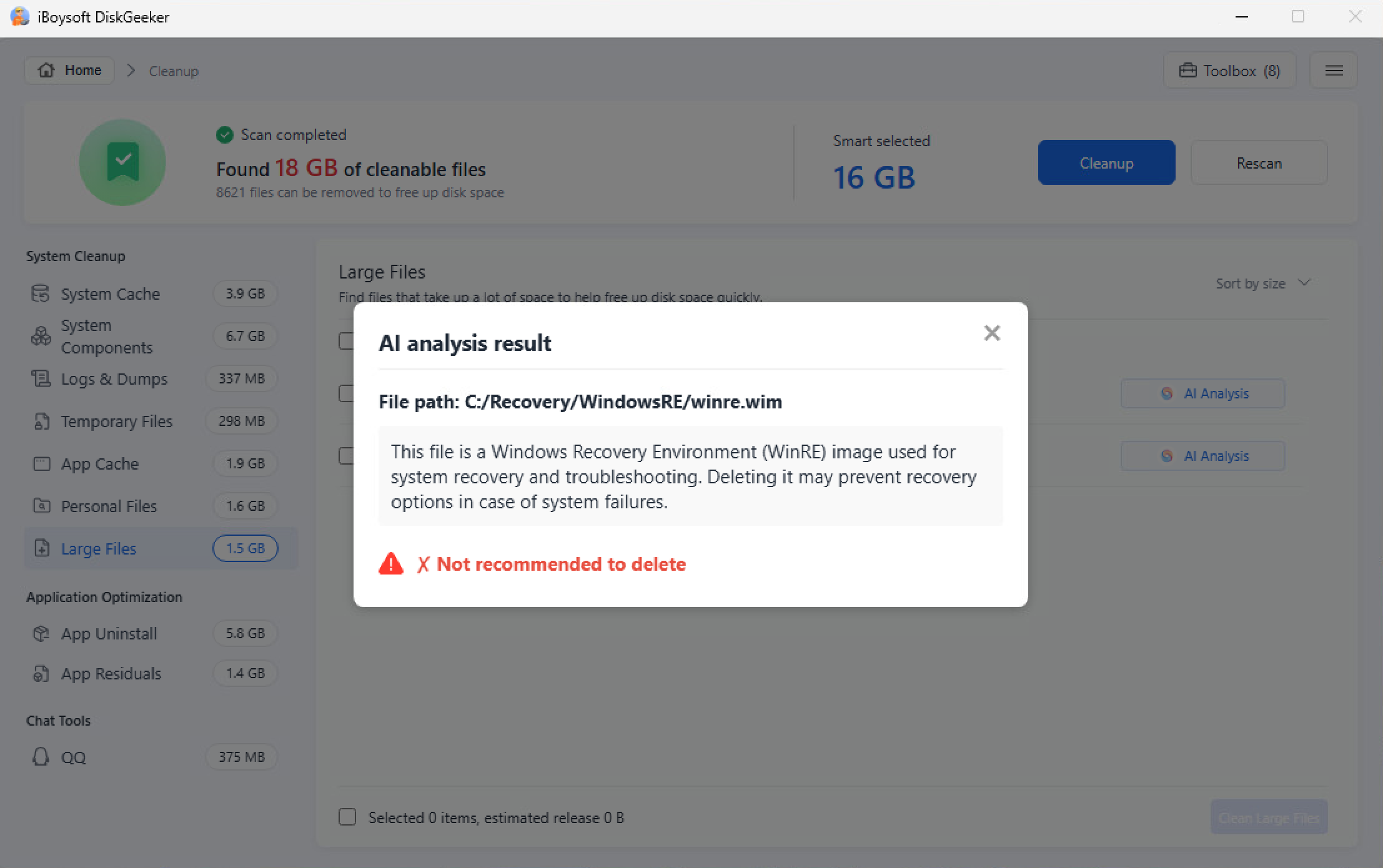 iBoysoft DiskGeeker AI analysis explaining whether a C drive file is safe to delete