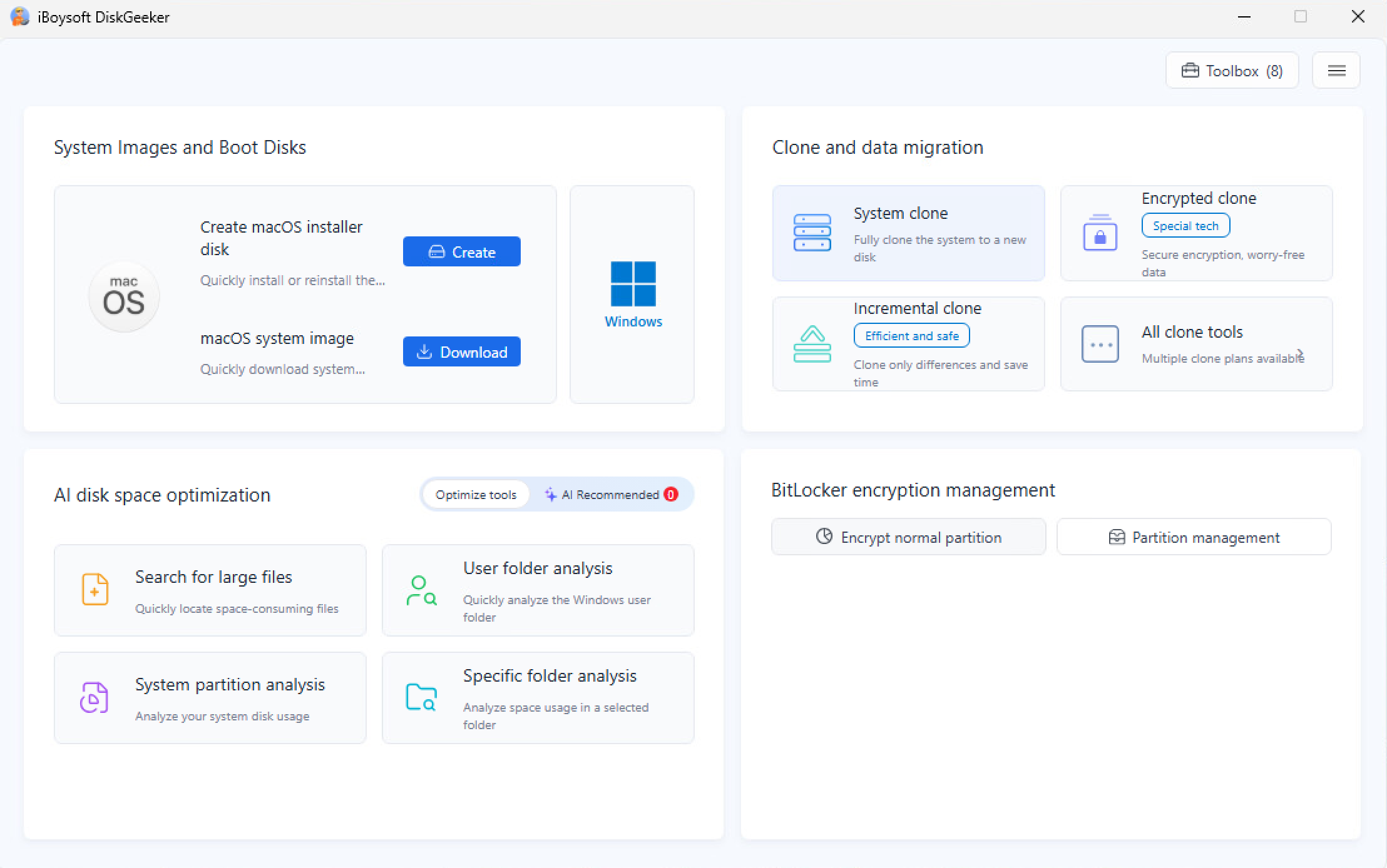 DiskGeeker Optimize tools showing System partition analysis