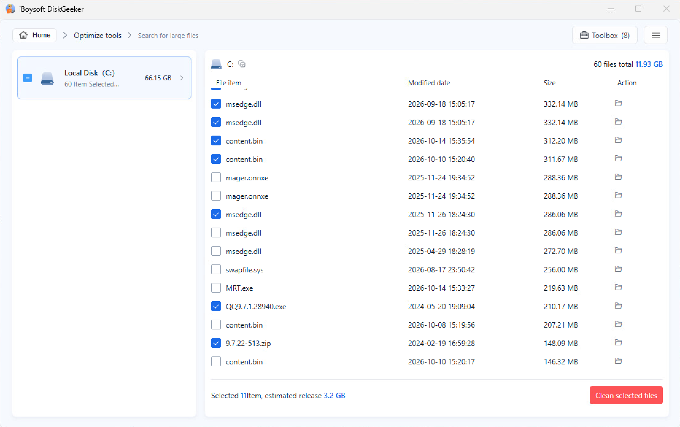 Removing selected large files in DiskGeeker
