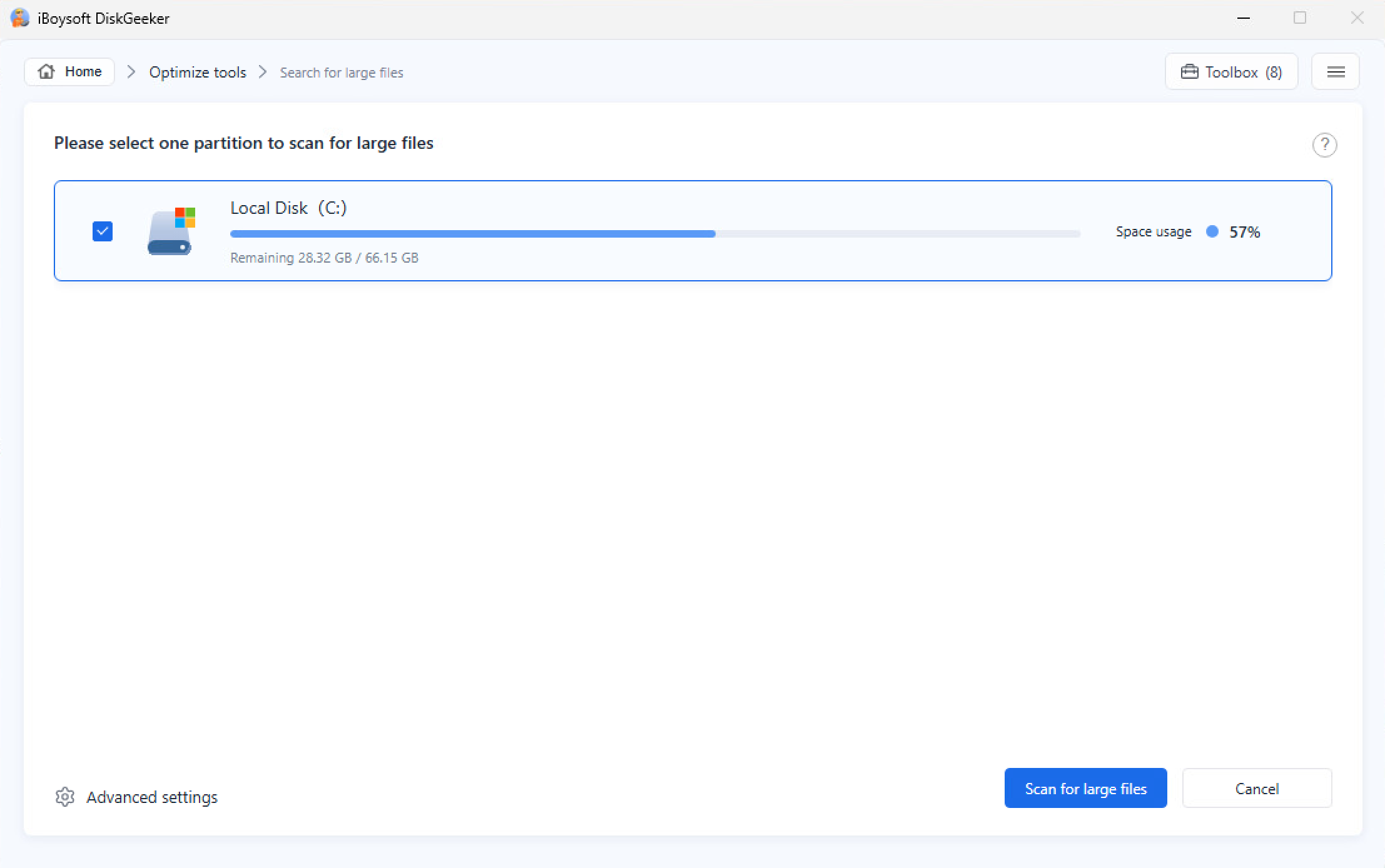 Selecting the C drive to scan for large files in DiskGeeker