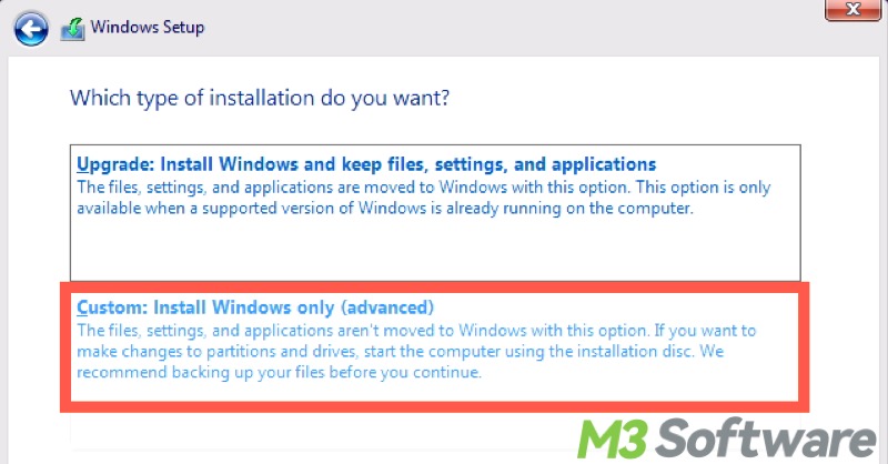custom install Windows only advanced