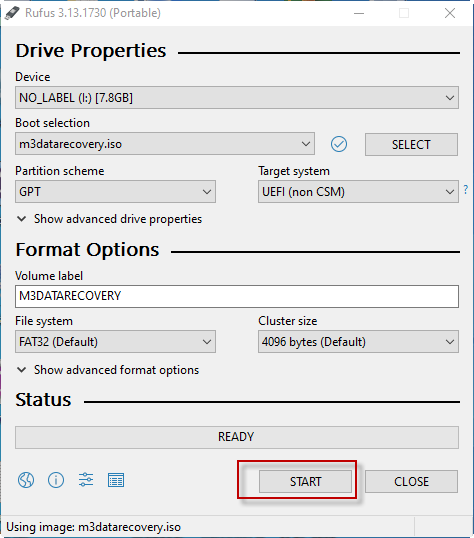 Click Start in Rufus