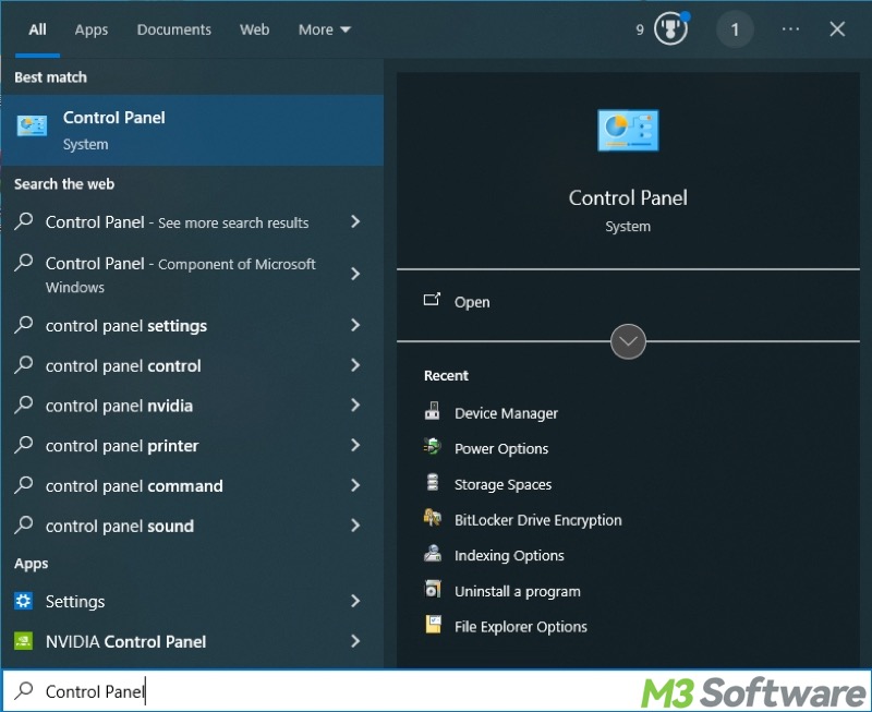 search for Control Panel on Windows