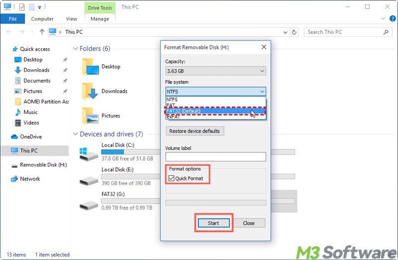 format drive to FAT32 in File Explorer