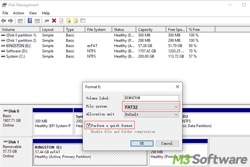 format USB drive to FAT32 in Disk Management