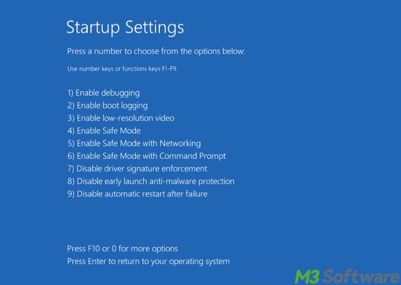 startup settings list on Windows
