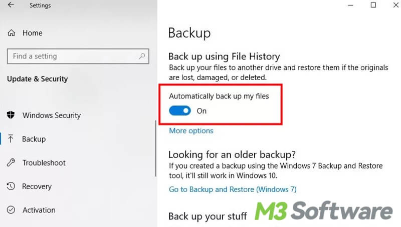 automatic backup in Update and Security Windows 10