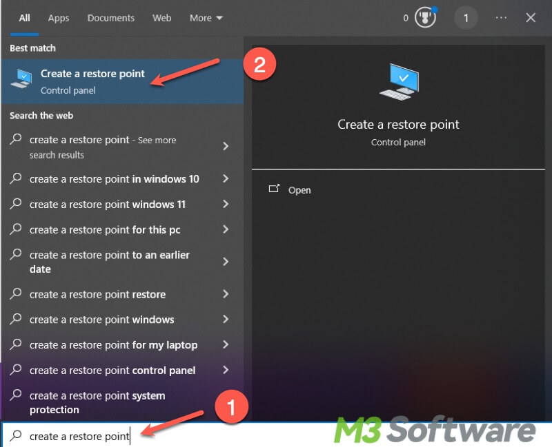 create a restore point in Windows 10