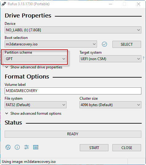 Select the GPT partition scheme in Rufus