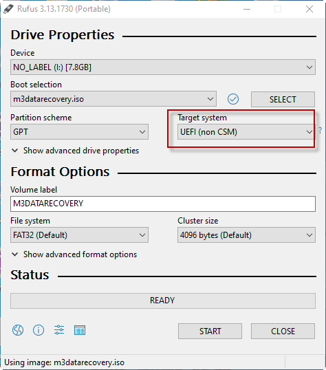 Select UEFI as the target system in Rufus