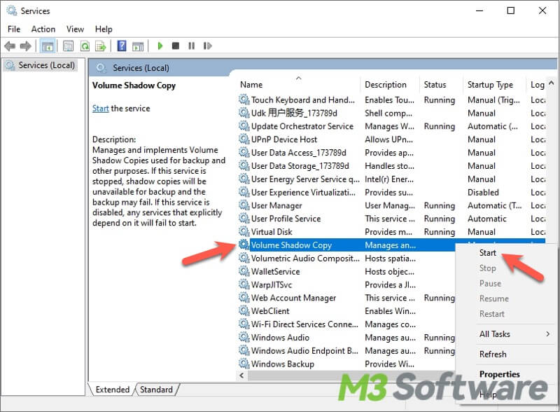 start volume shadow copy on Windows