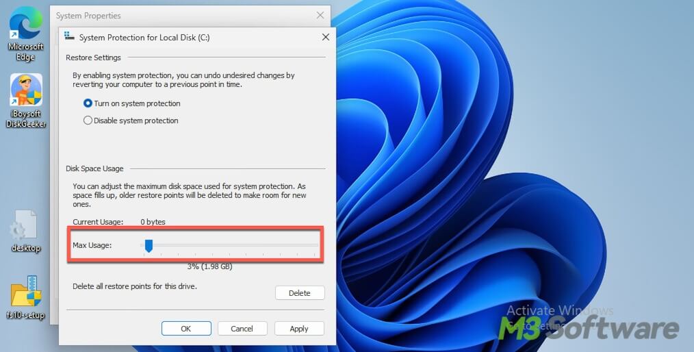 adjust System Protection disk space usage