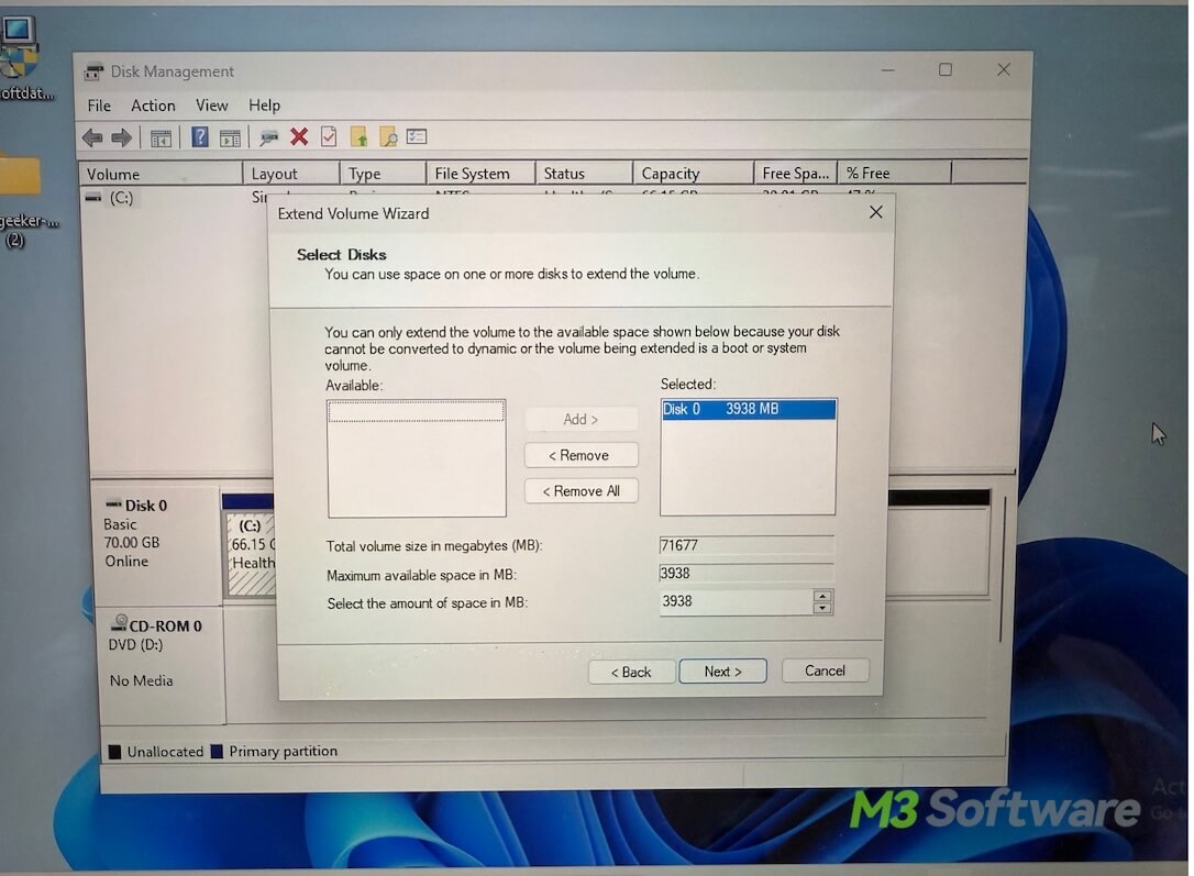 select the amount of space to extend the C drive