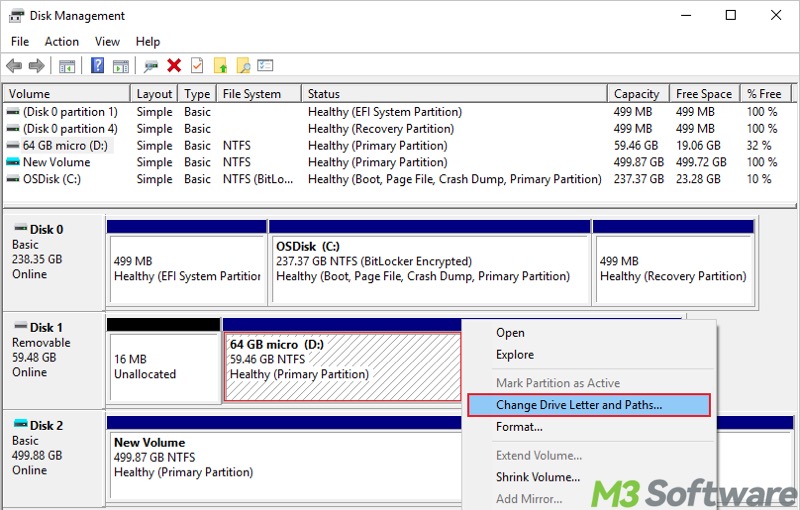 change drive letter and paths in Disk Management
