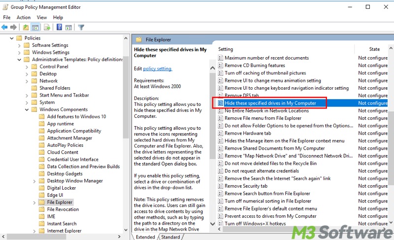 hide these specified drives in my computer group policy