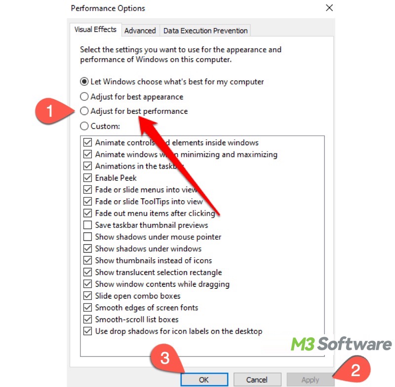adjust for best performance in visual effect settings in Windows 10