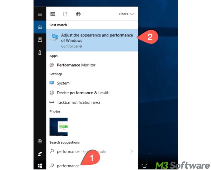 adjust the appearance and performance in Windows 10
