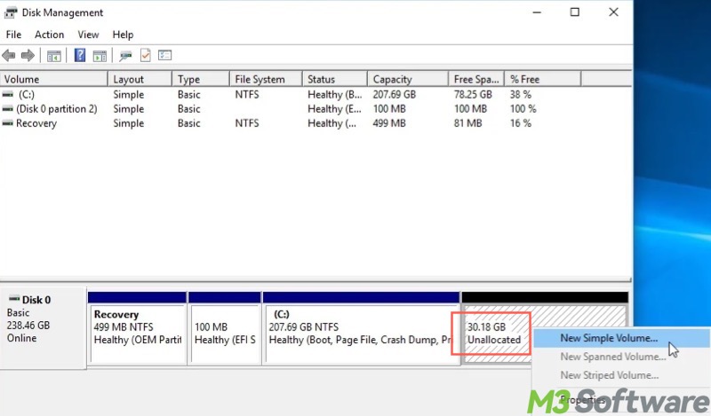 unallocated space in Disk Management Windows 10