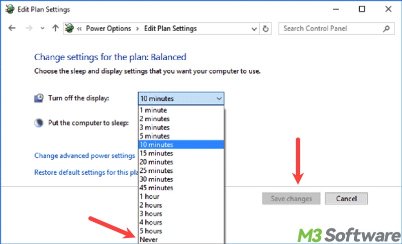 when to turn off display in Control Panel