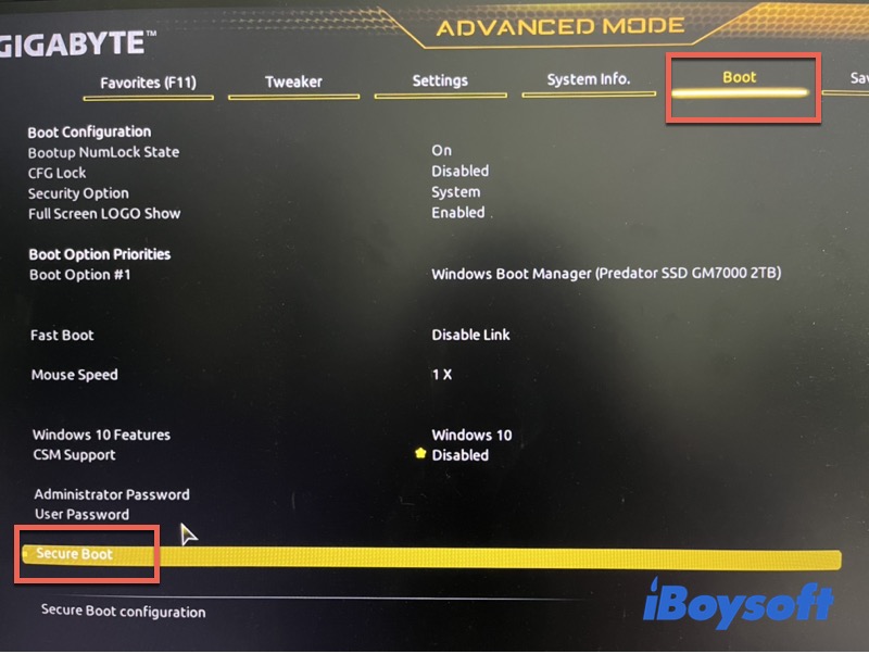 disable secure boot in BIOS