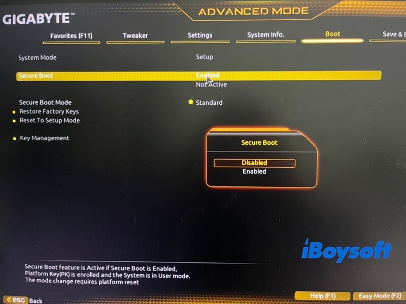 disable secure boot in BIOS