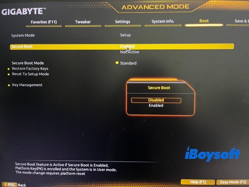 disable secure boot in BIOS
