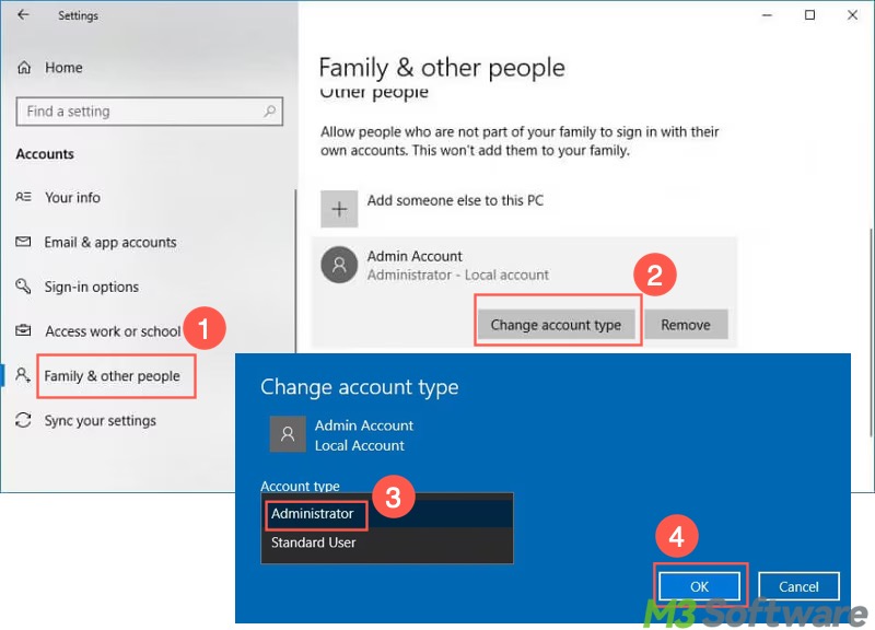 change account type through Windows Settings
