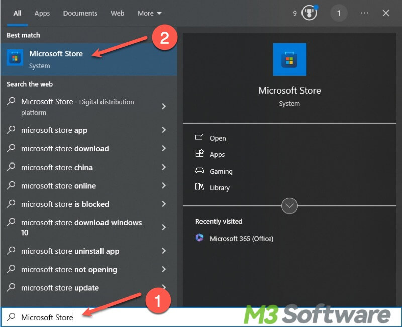 search for Microsoft Store in search bar Windows 10