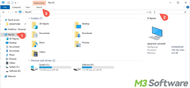 find big files on Windows 10 via File Explorer search bar