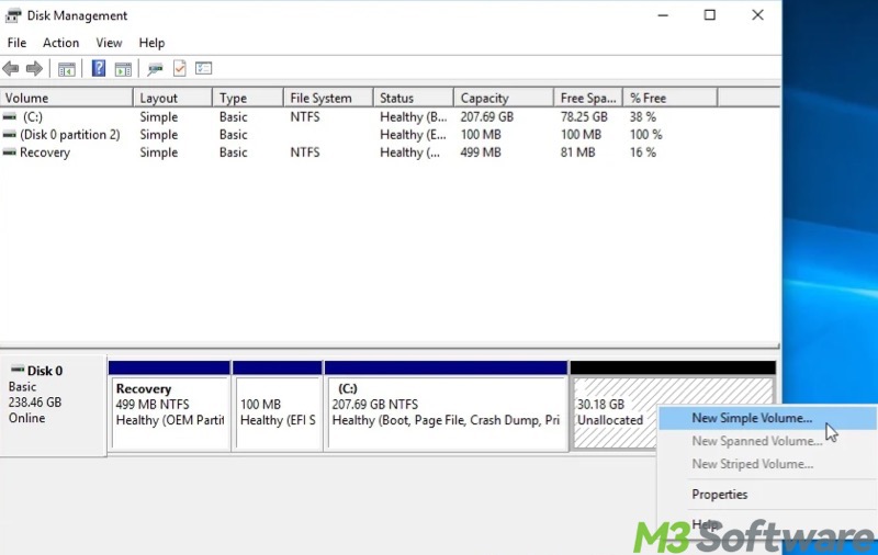create new simple volume in Disk Management