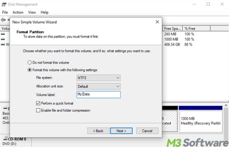 create new simple volume in Disk Management