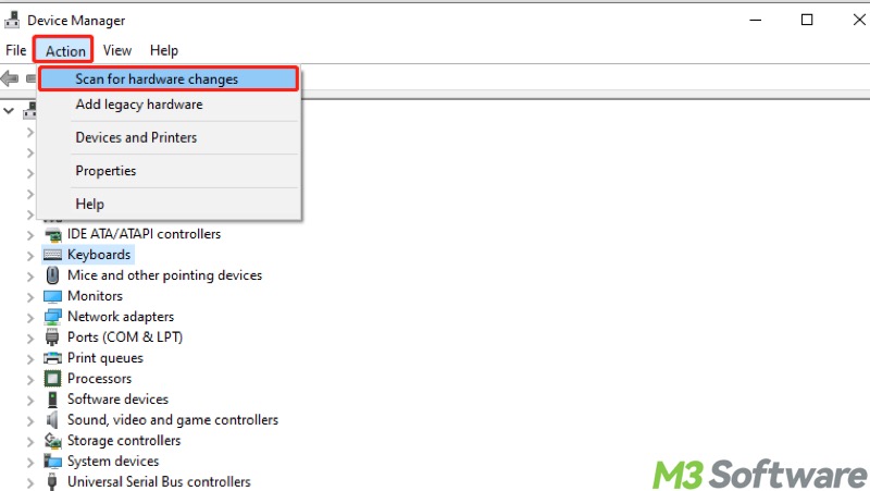 Scan for hardware changes in Device Manager