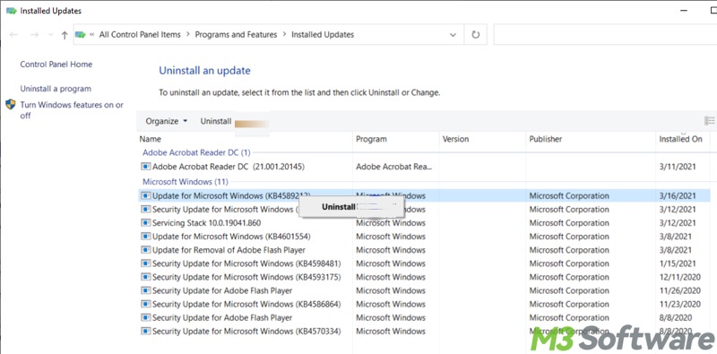Delete Windows update files by uninstalling updates
