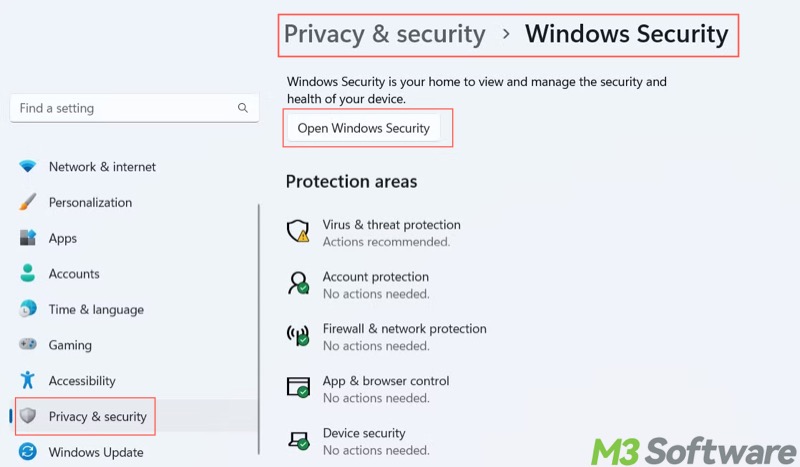 Open Windows Security in Windows 11 Settings
