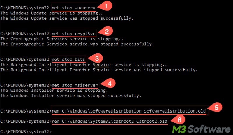 reset Windows update files through cmd