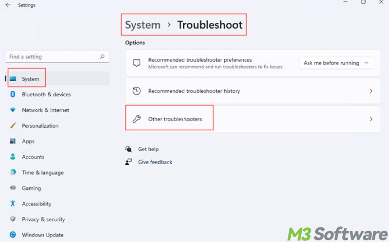 Troubleshooter in Windows 11 Settings