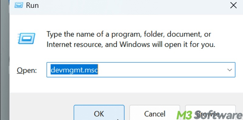 open Device Manager in Run dialog box