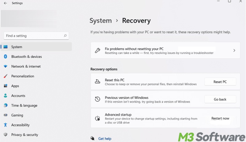 recovery options in Windows 11