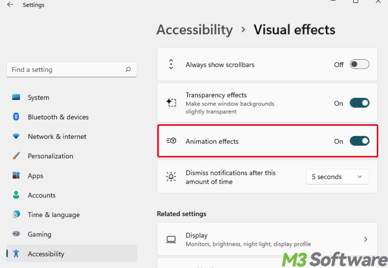 disable animation effects in Windows 11