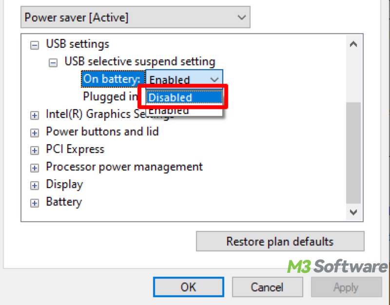 disable USB selective suspend setting in Windows Control Panel