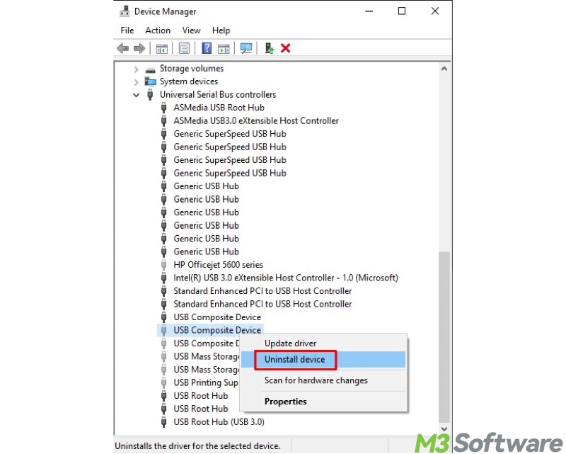 uninstall USB device in Windows Device Manager